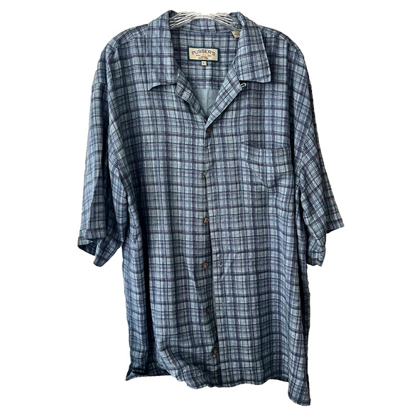 Pussers Island Reserve Shirt Mens Large Aqua Blue Stitched Plaid Silk Camp SS - Picture 1 of 11